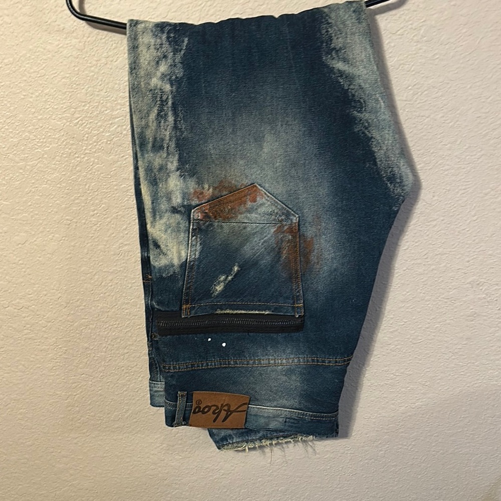 Akoo Blue Distressed Jeans with Brown Accents size 44